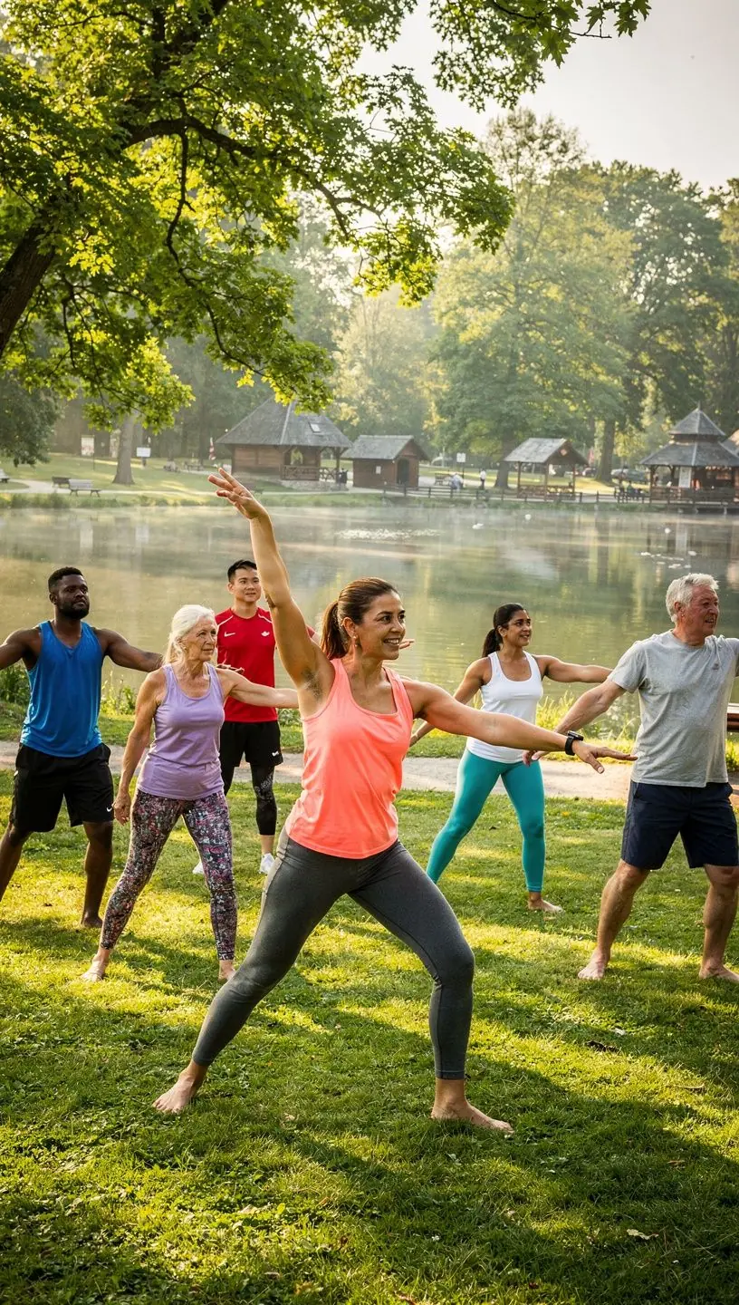 Instruktor prowadzący sesję jogi na świeżym powietrzu, z uczestnikami wykonującymi sekwencje oddechowe.