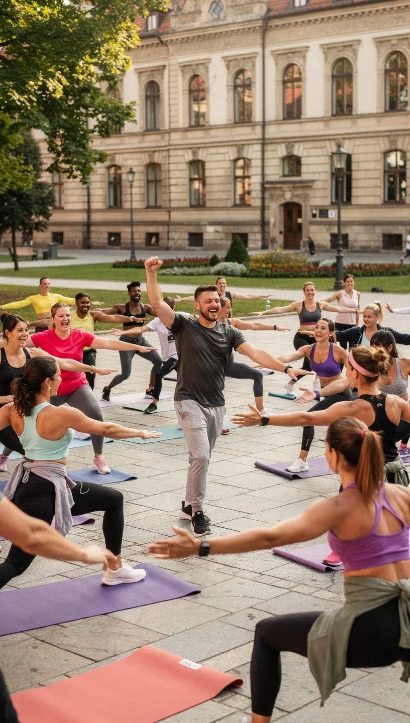 Uczestnicy zajęć wykonujący skoki i rozciąganie, łącząc elementy aerobiku z jogą.