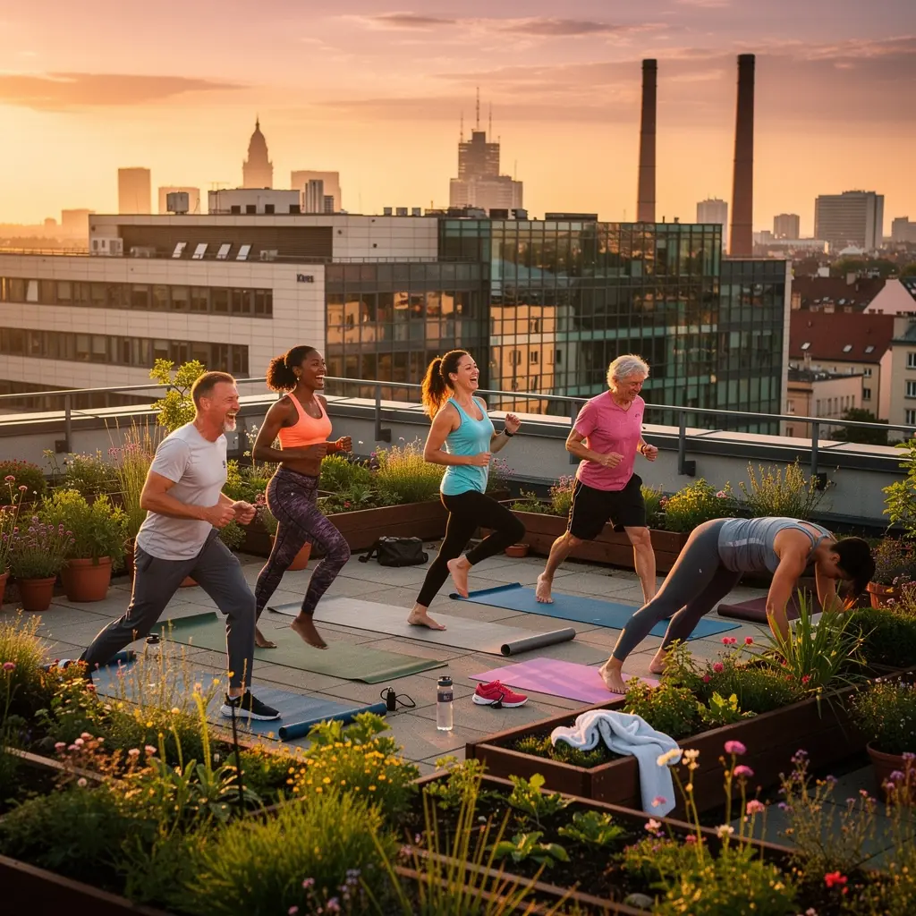 Instruktor prowadzący zajęcia cardio jogi, zachęcający uczestników do dynamicznych ruchów.