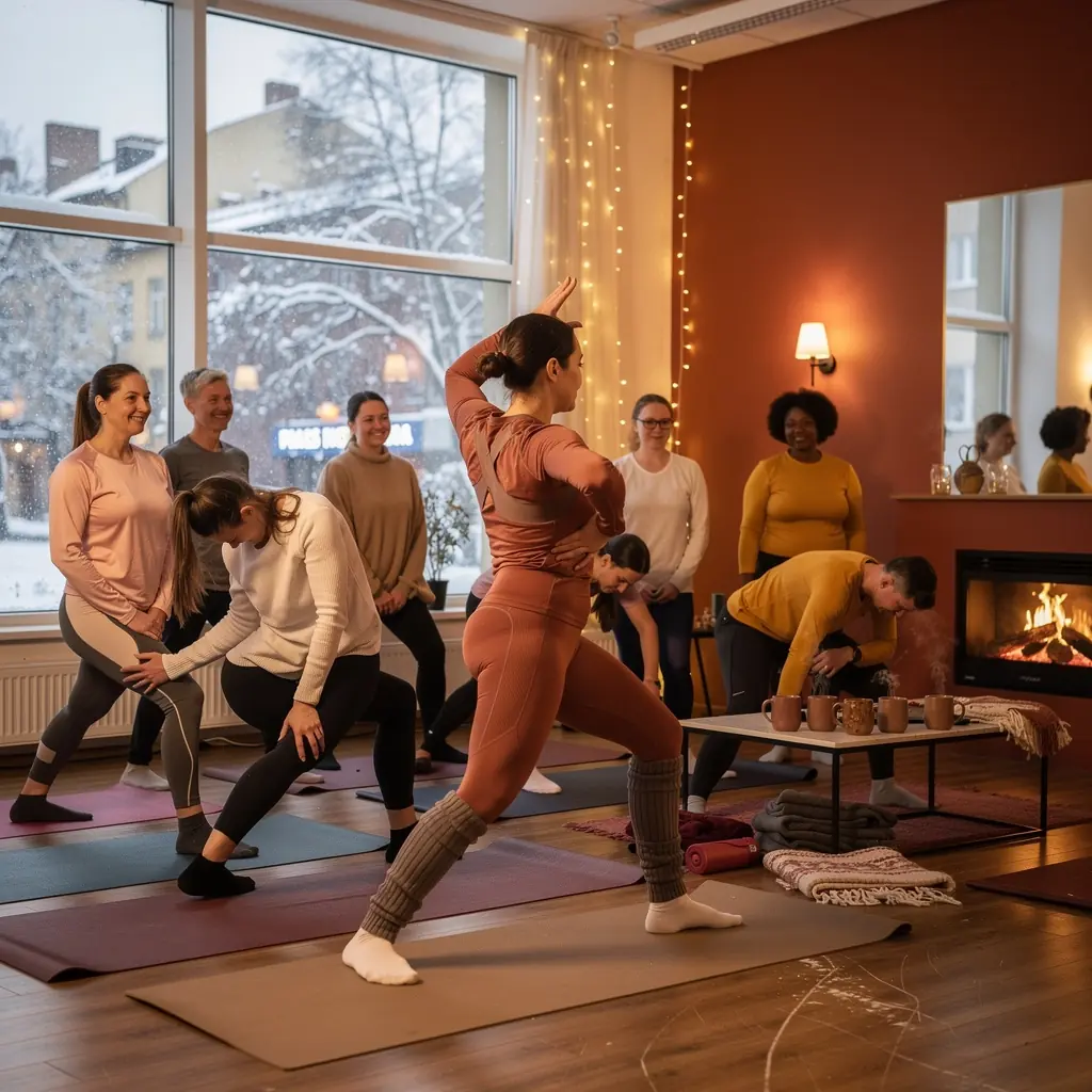 Instruktor prowadzący zajęcia cardio jogi, zachęcający uczestników do dynamicznych ruchów.