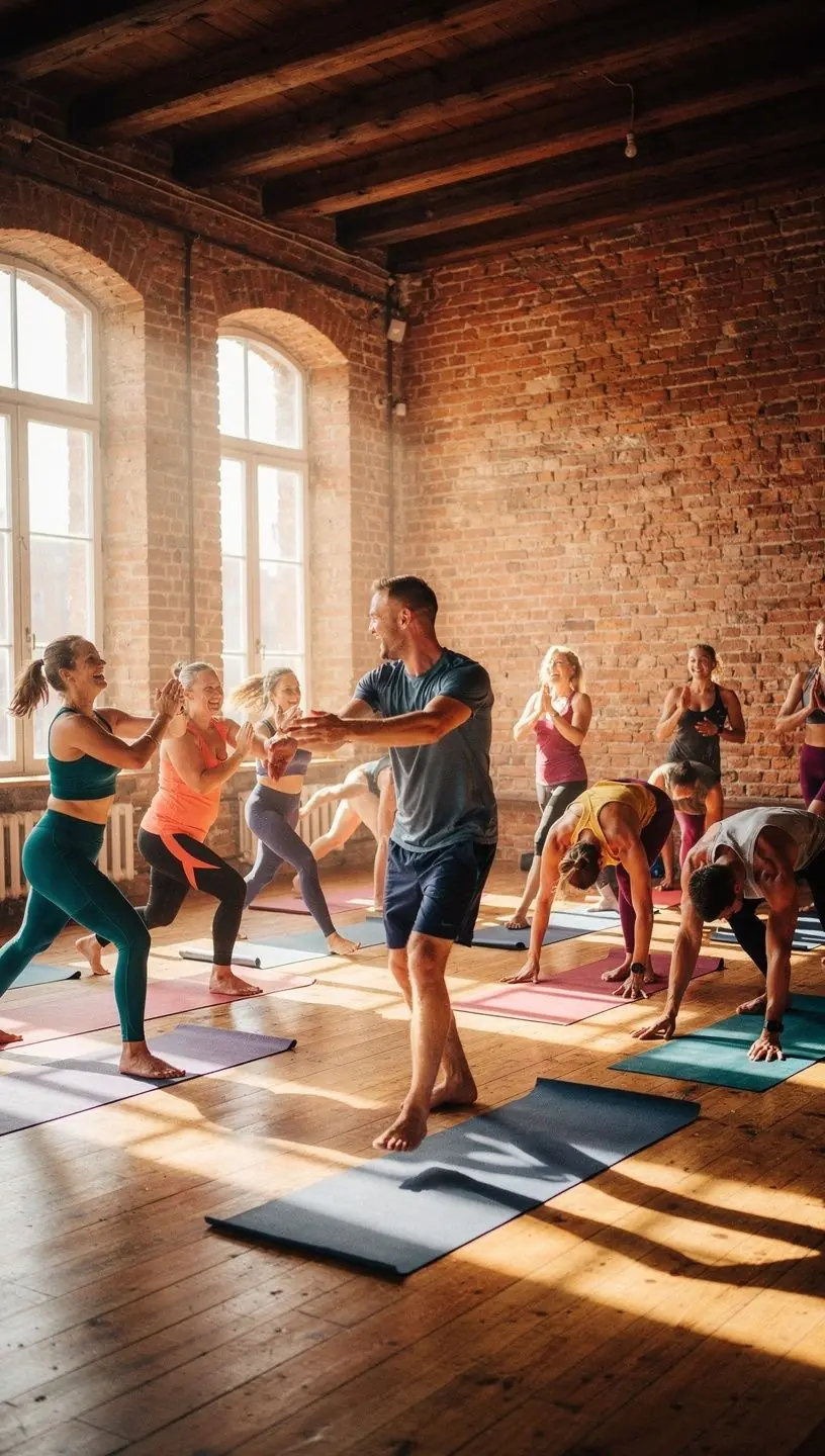 Instruktor prowadzący zajęcia cardio jogi, zachęcający uczestników do dynamicznych ruchów.