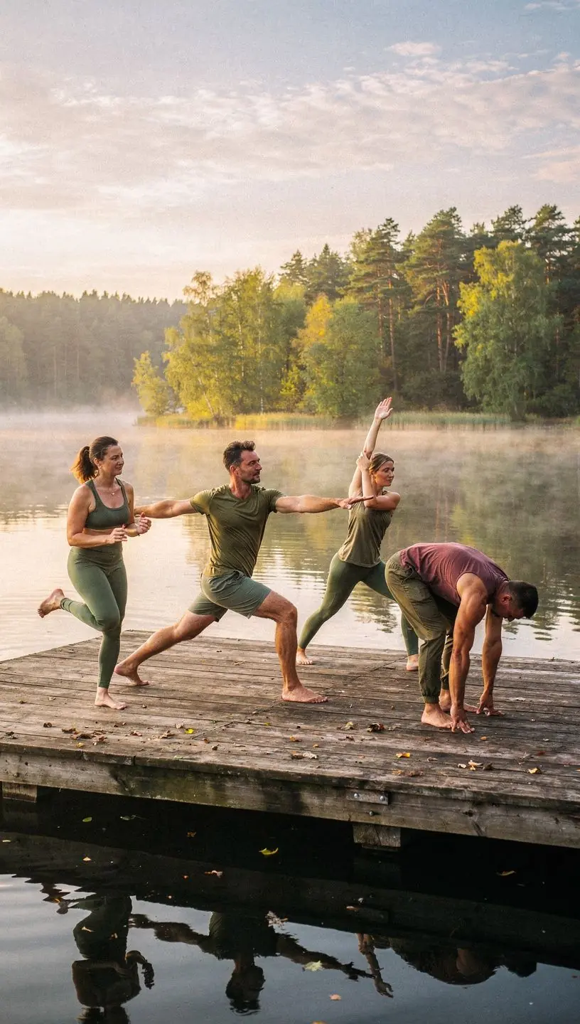 Instruktor prowadzący zajęcia cardio jogi, zachęcający uczestników do dynamicznych ruchów.