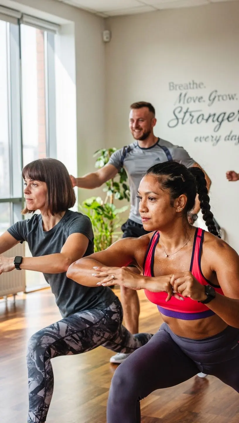 Grupa osób ćwiczących na macie, wykonujących sekwencje jogi w rytmie muzyki.